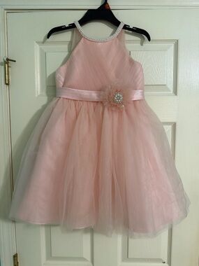Girls' Blush Pink Tulle Formal Dress with Pearl Trim